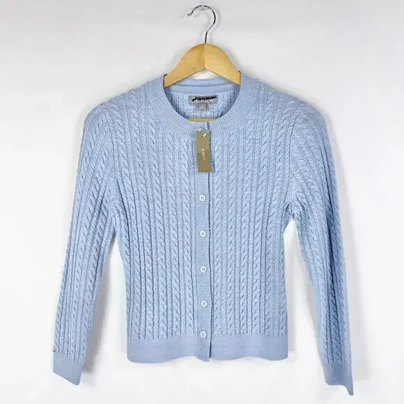J Crew Cable Knit Crewneck Cardigan 100% Merino Wool Women's XS Blue - Picture 2 of 13